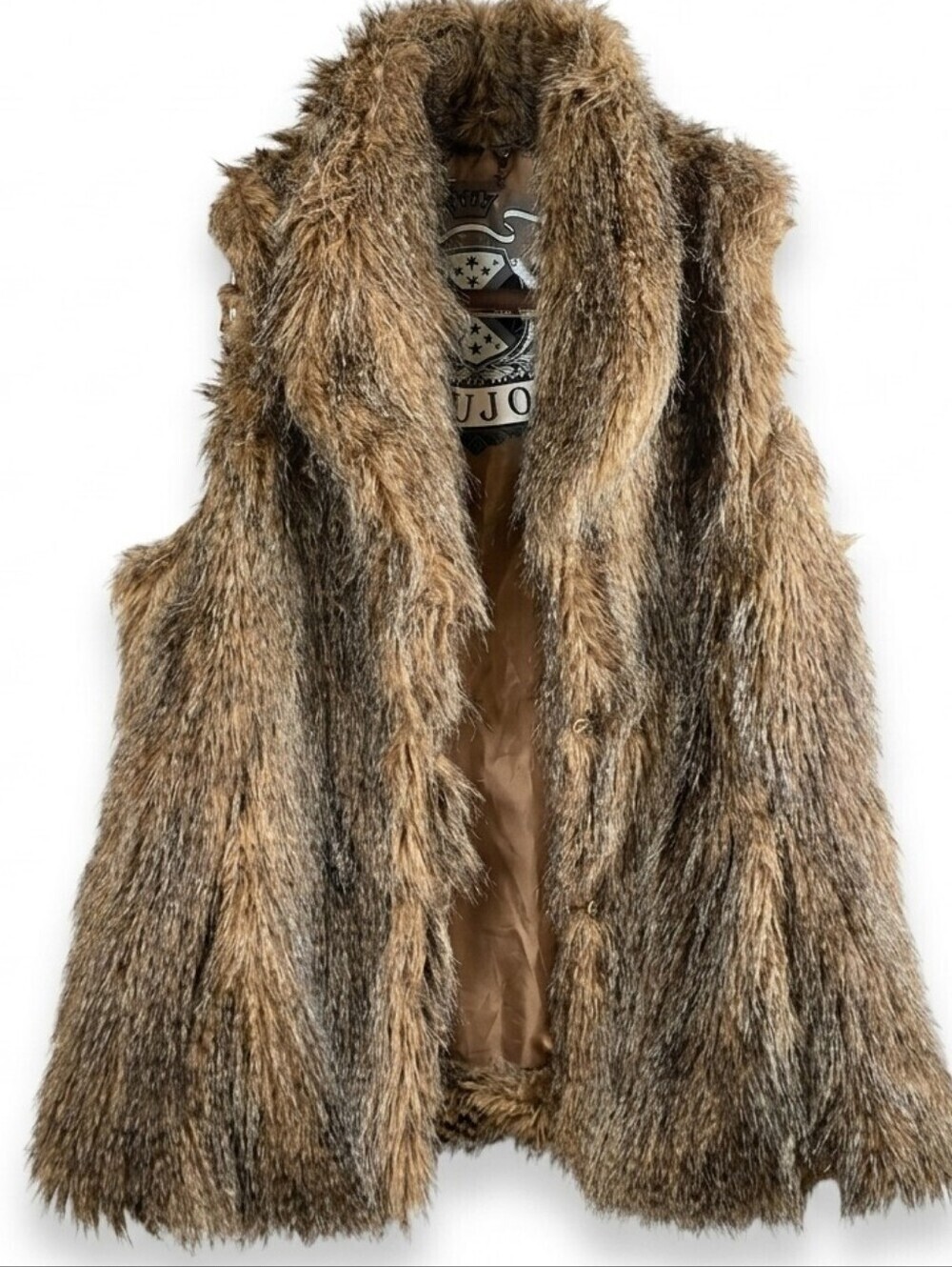 Joujou Luxe Faux Fur Shag Vest Lion Crest Y2K Mob Wife Boho Hippie Sz.XL